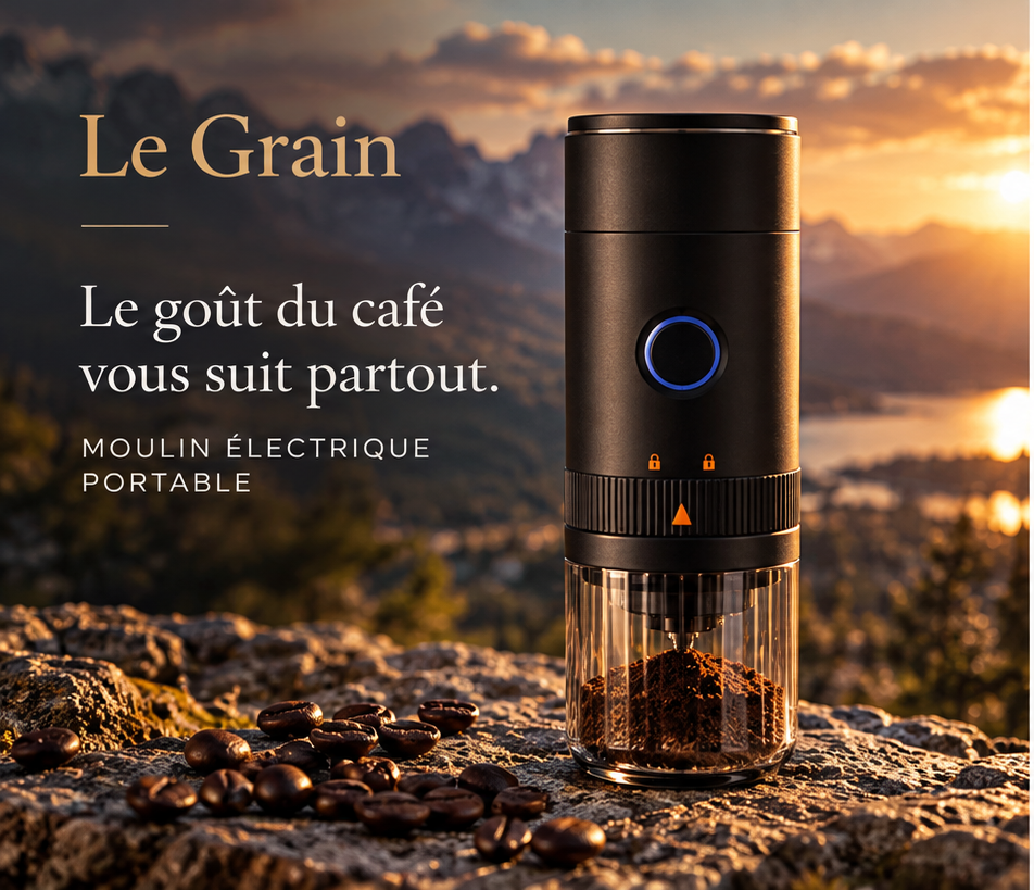 Le Grain, moulin électrique portable noir mat au bouton bleu, posé sur un rocher face aux montagnes au coucher du soleil ; textes « Le Grain », « Le goût du café vous suit partout. » et « Moulin électrique portable »