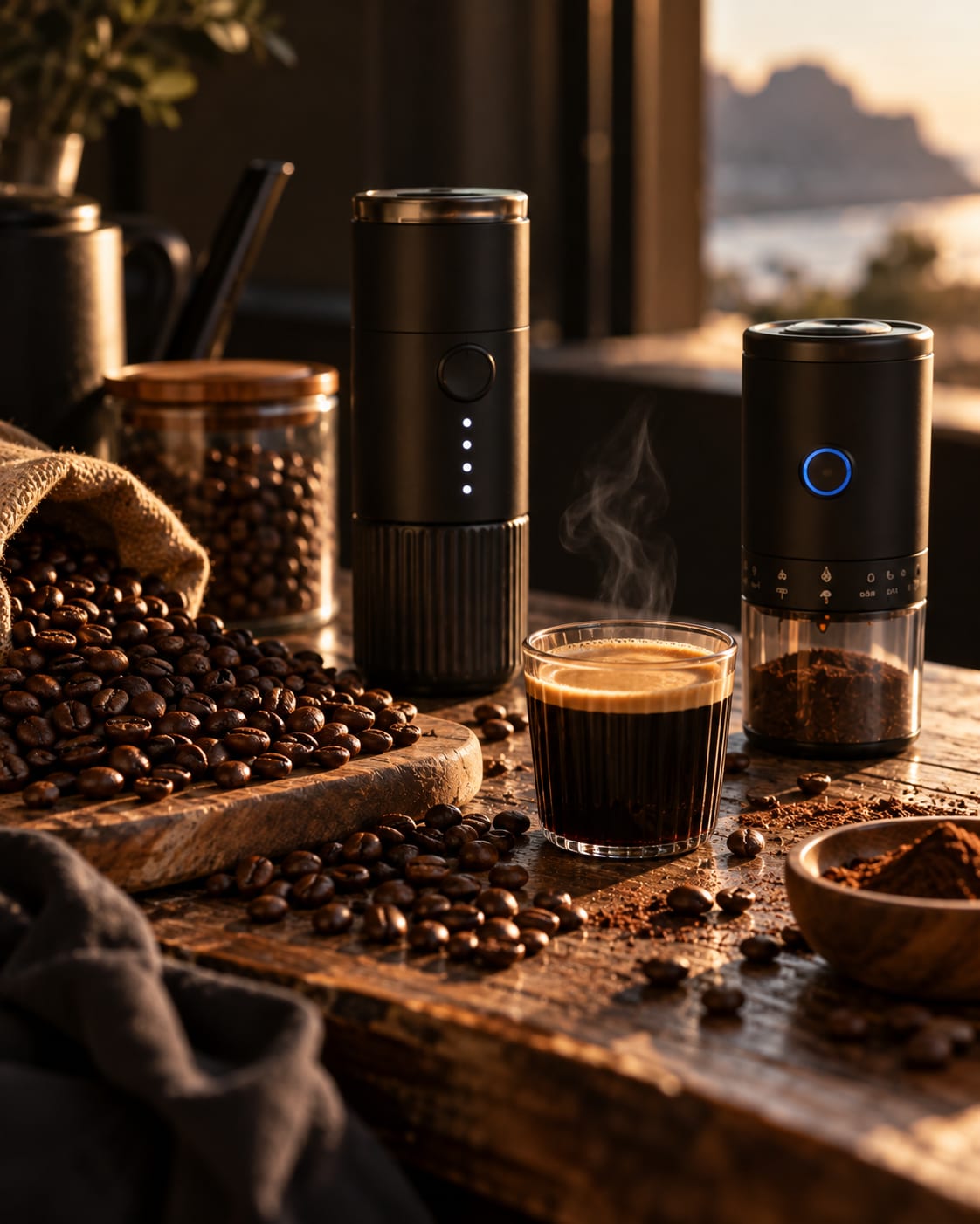 Grains de café, L'Allongé et Le Grain sur une table en bois