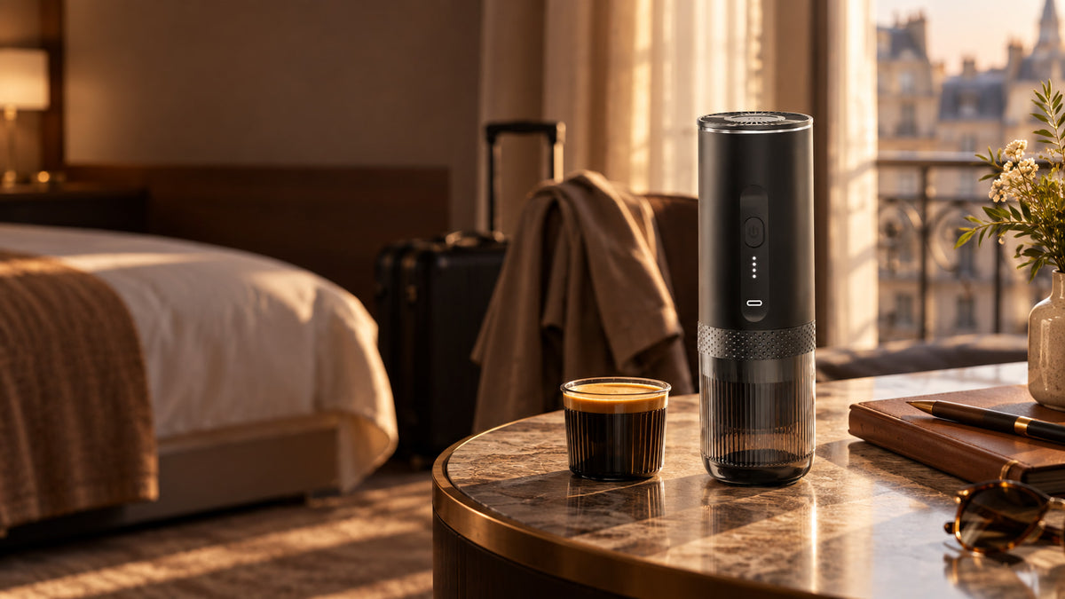 Dans une chambre d'hôtel, en fin de journée, L'Allongé posée sur une table, un espresso servi à côté