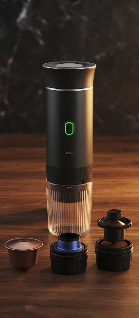 L'Allongé avec ses adaptateurs pour capsule et café moulu