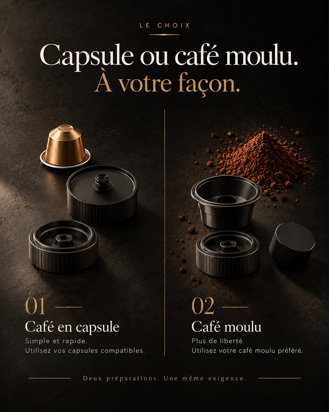 Capsule ou café moulu : les deux réceptacles de L'Allongé, une capsule et du café moulu