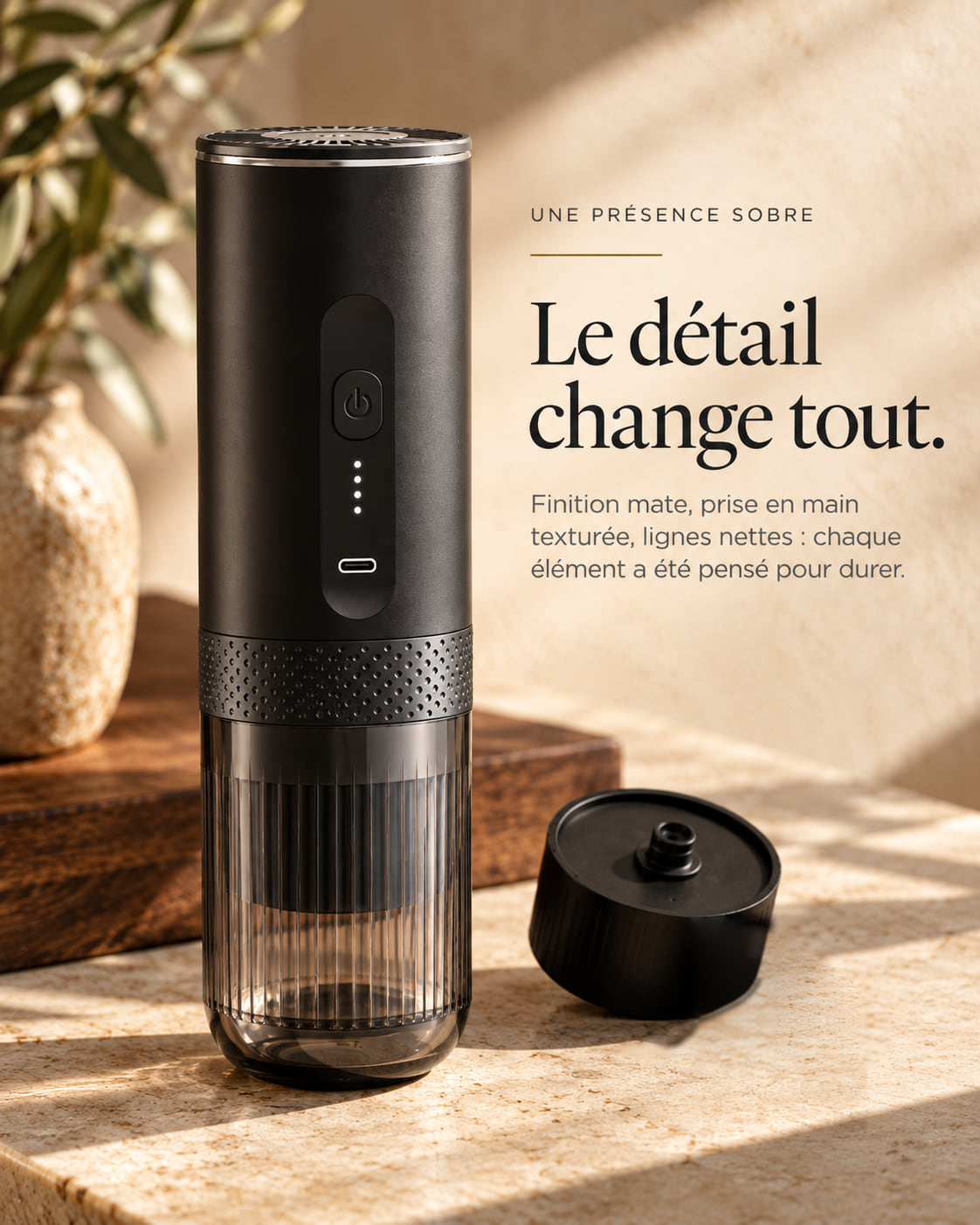 L'Allongé de face : finition mate, bague texturée, tasse cannelée