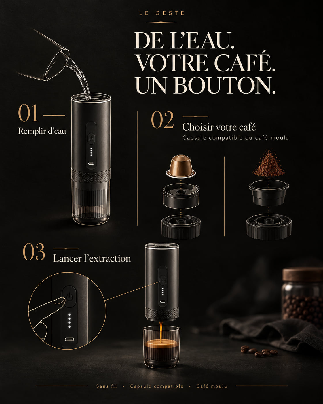 Le geste en trois temps : remplir d'eau, choisir capsule ou café moulu, lancer l'extraction