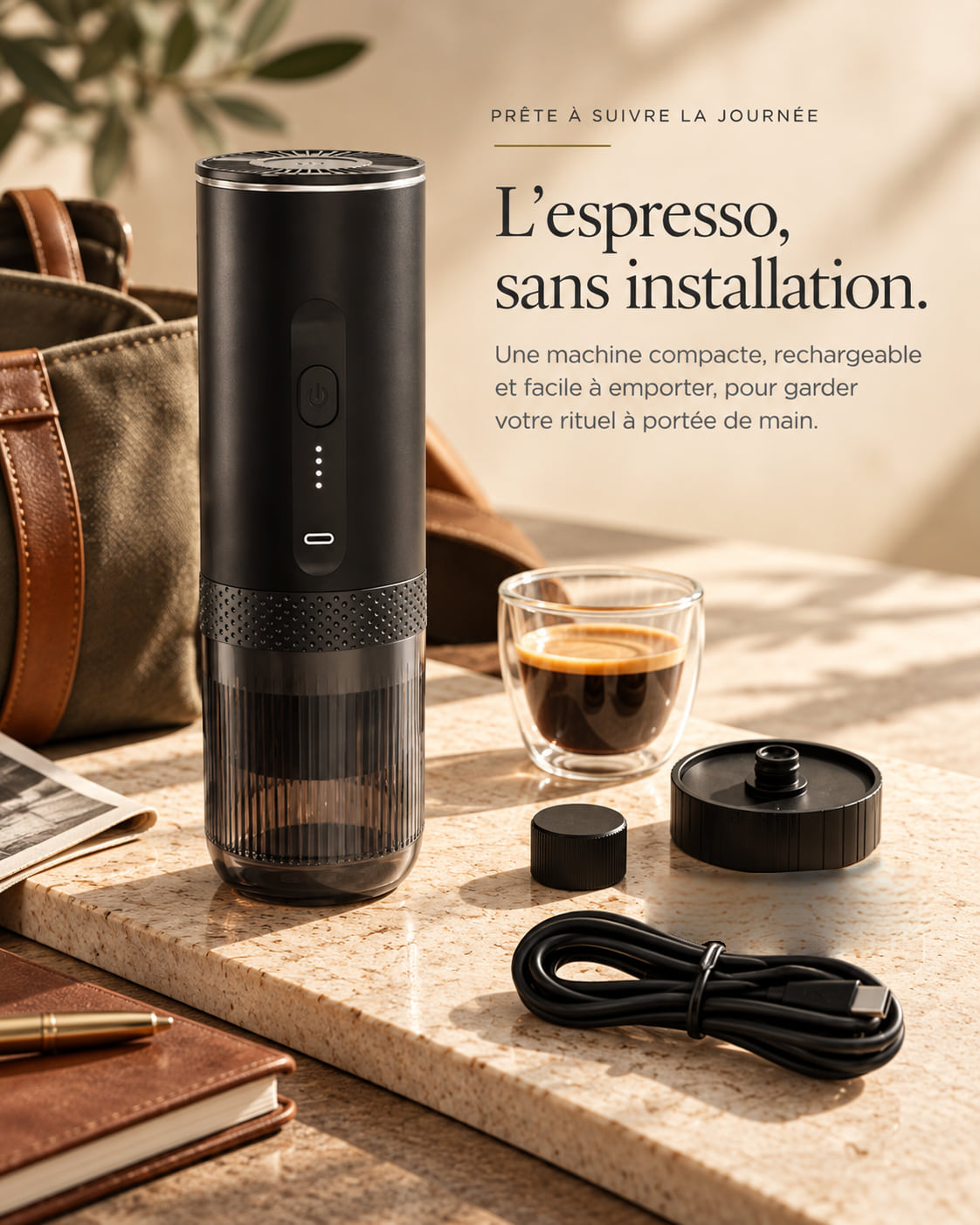 L'Allongé posée sur une table en pierre, un espresso servi à côté : l'espresso, sans installation