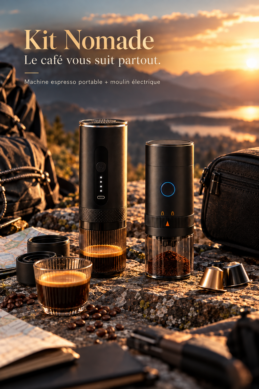 Kit Nomade, « Le café vous suit partout. » : L’Allongé et Le Grain sur un rocher, face aux montagnes au coucher du soleil