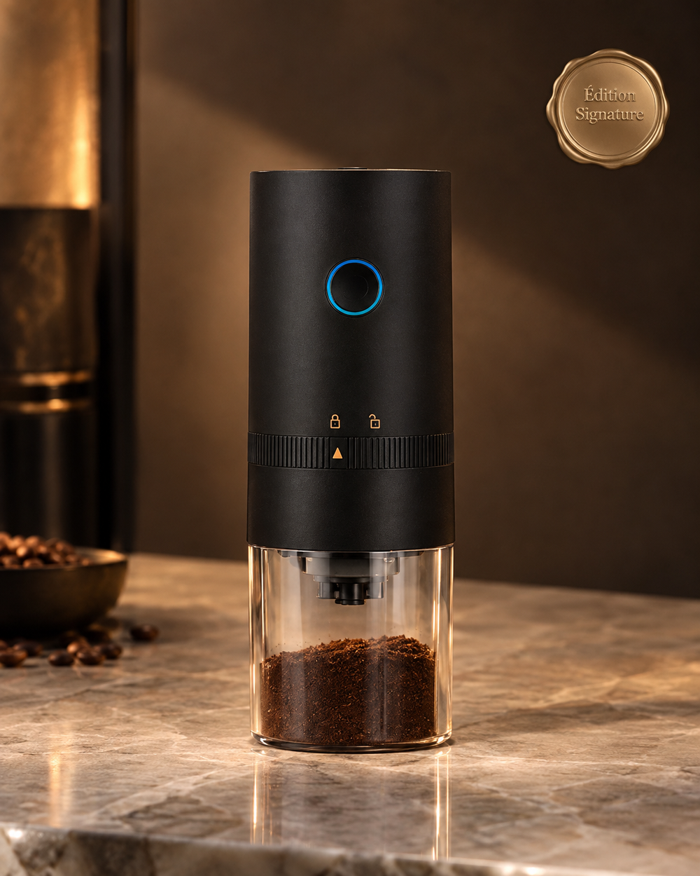 Le Grain — Édition Signature, moulin à grain électrique portable posé sur un plan de travail en marbre