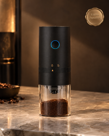 Le Grain — Édition Signature, moulin à grain électrique portable posé sur un plan de travail en marbre