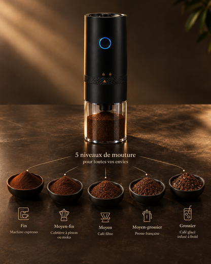 Le Grain — 5 niveaux de mouture, du fin pour l'espresso au grossier pour le café glacé