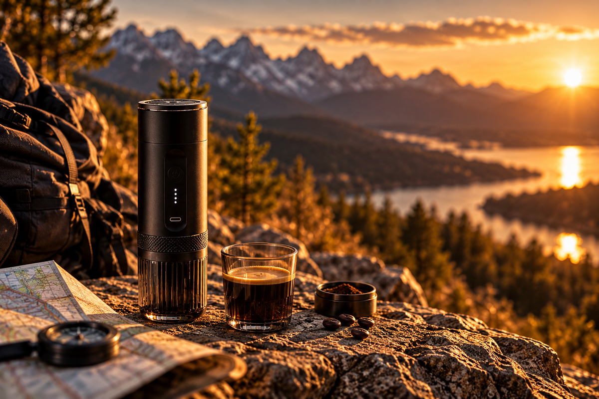 L’Allongé posée sur un rocher face aux montagnes et à un lac au coucher du soleil, un espresso servi à côté