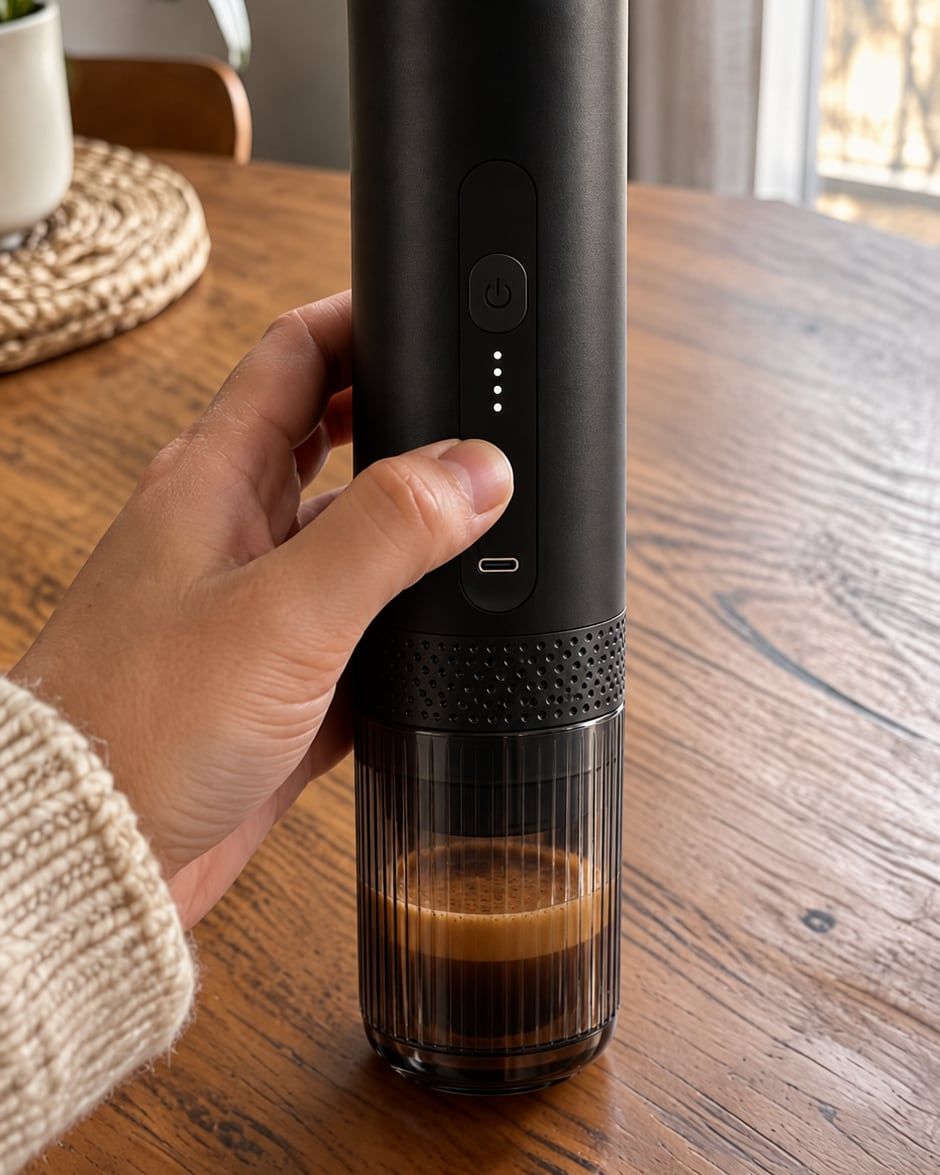 Une main tient L'Allongé : l'espresso vient d'être extrait dans son gobelet cannelé