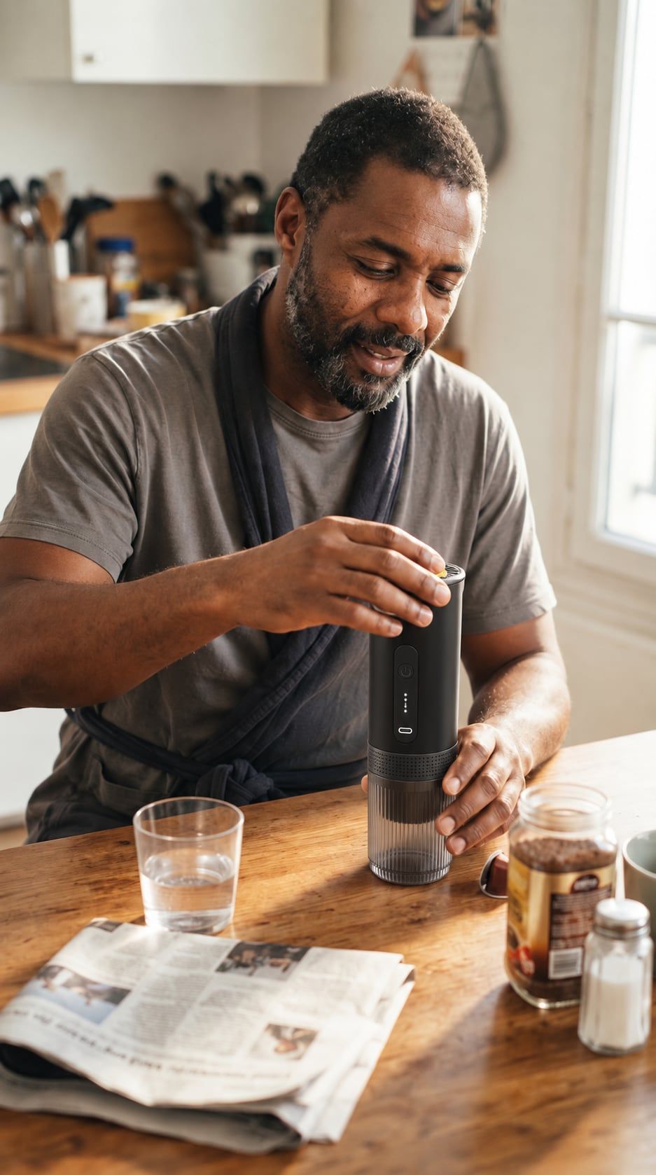 À sa table, un homme prépare son espresso avec L’Allongé