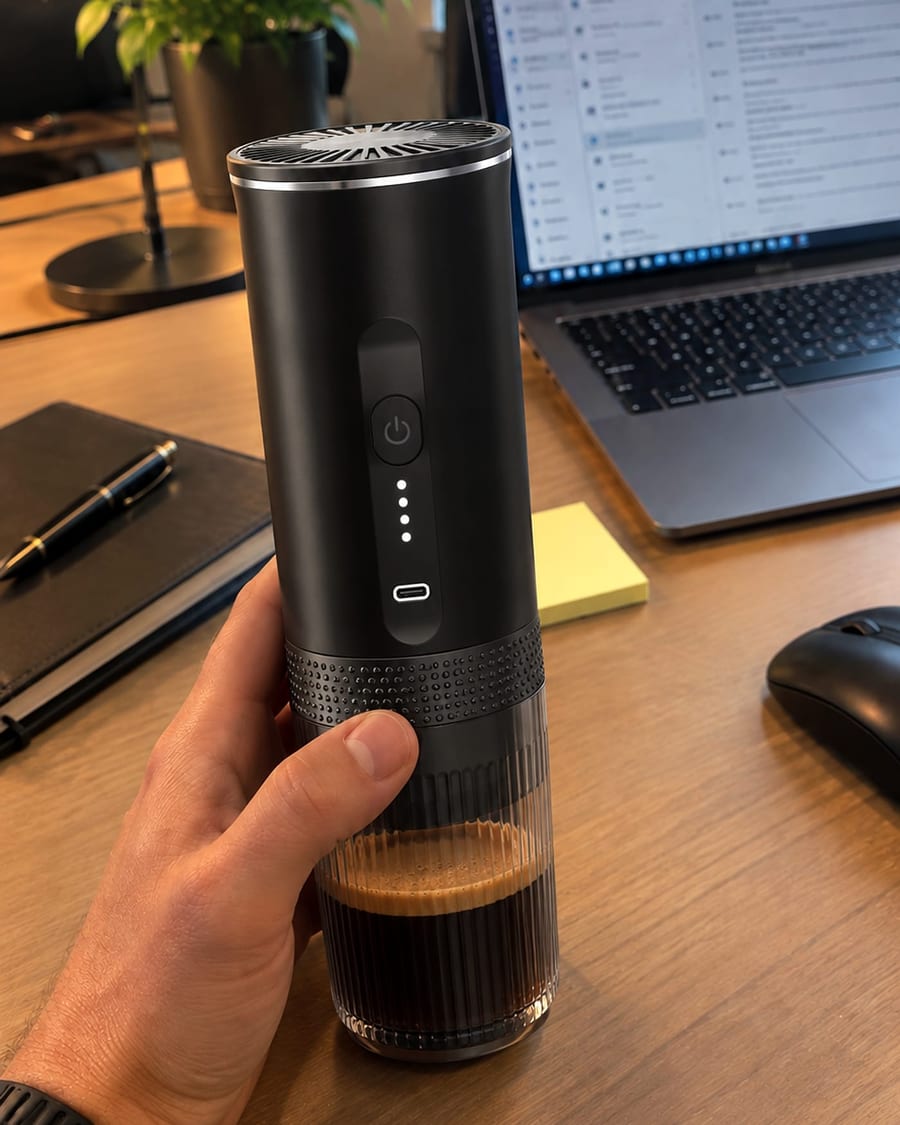 Au bureau, une main tient L’Allongé, l’espresso prêt dans son gobelet, devant l’ordinateur