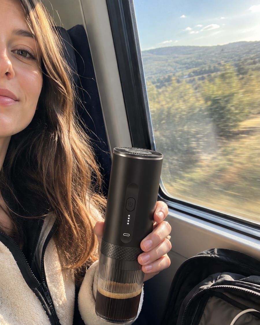 Dans un train, une voyageuse tient L’Allongé, son espresso dans le gobelet