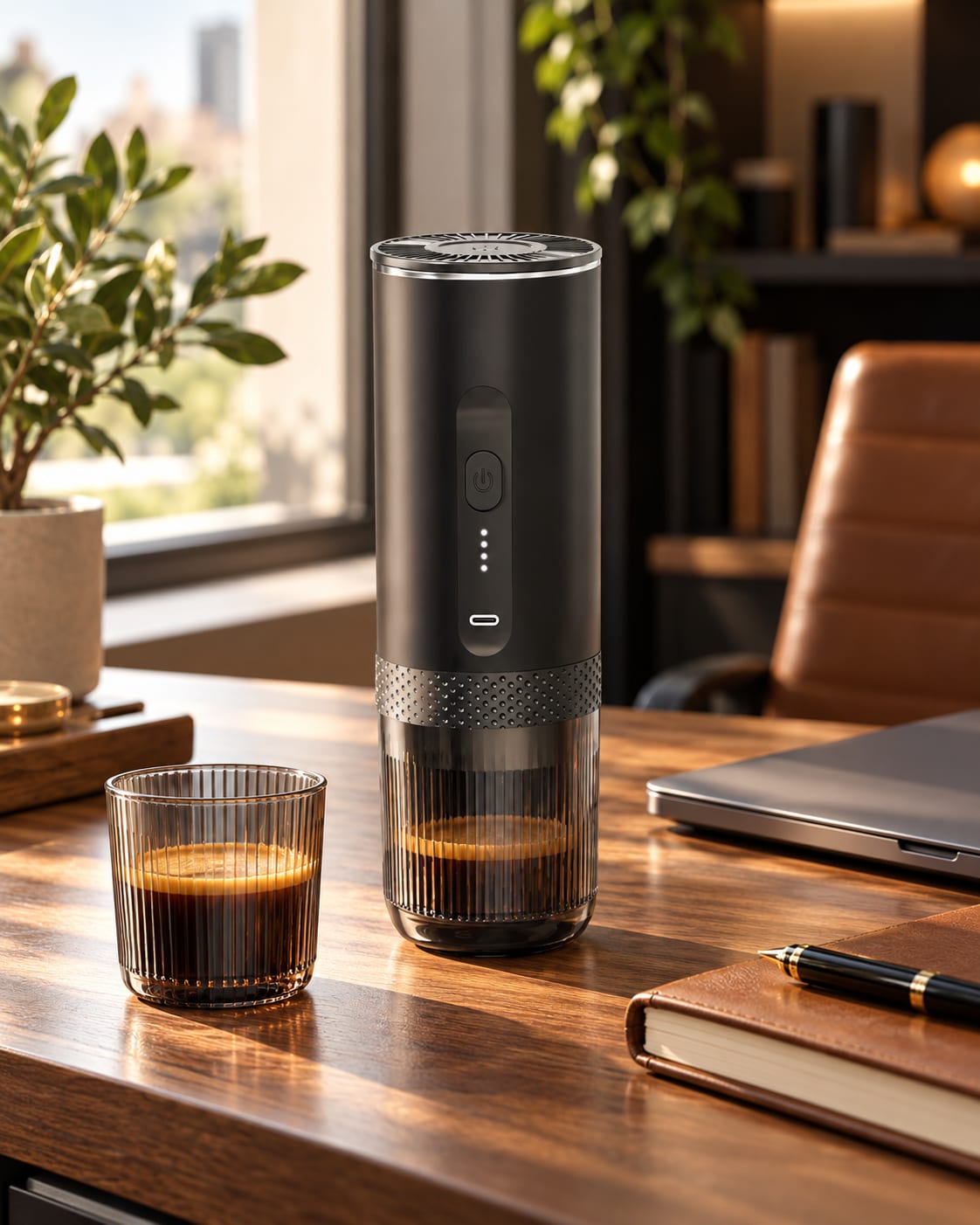 Sur un bureau en bois, près d'une fenêtre, L'Allongé et un espresso servi dans un verre