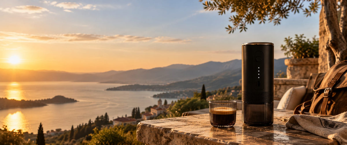 Au coucher du soleil, sur une terrasse face à la mer, L'Allongé posée près d'un espresso