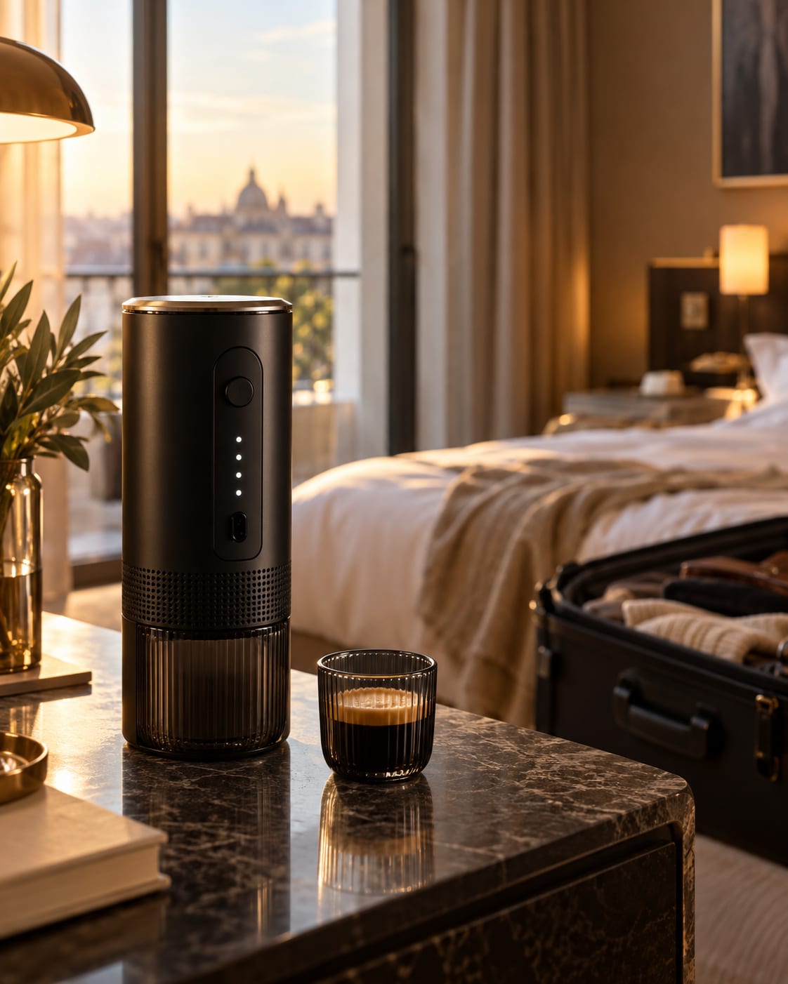 Dans une chambre d'hôtel, L'Allongé posée sur une console en marbre, un espresso à côté