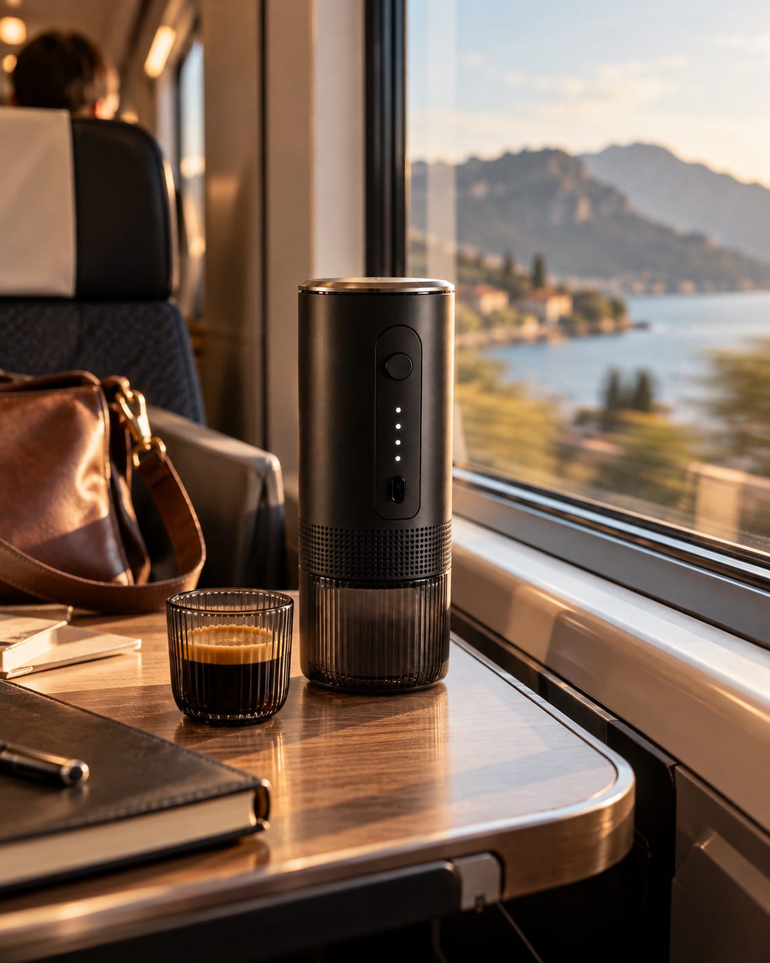 Dans un train longeant la côte, L'Allongé posée sur la tablette près d'un espresso