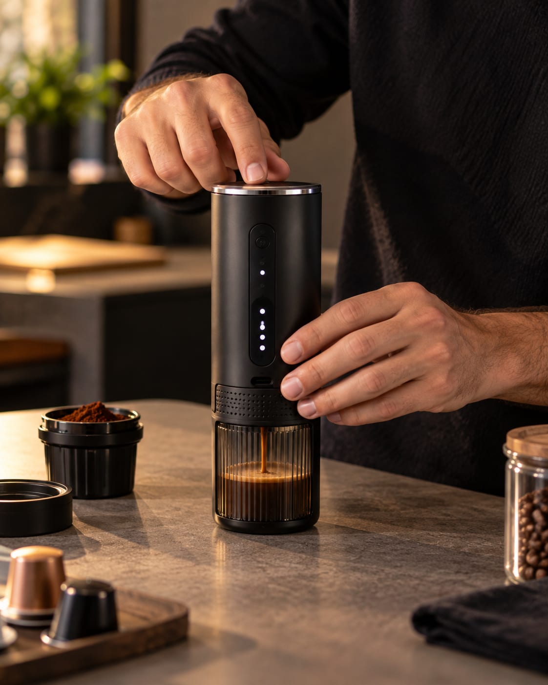 Un doigt appuie sur le bouton de L'Allongé, l'espresso coule dans le gobelet