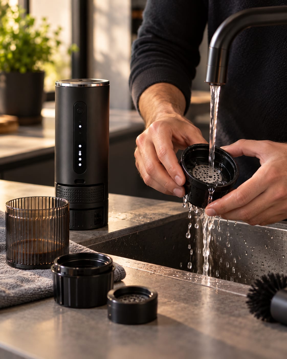 Un réceptacle de L'Allongé rincé sous l'eau du robinet