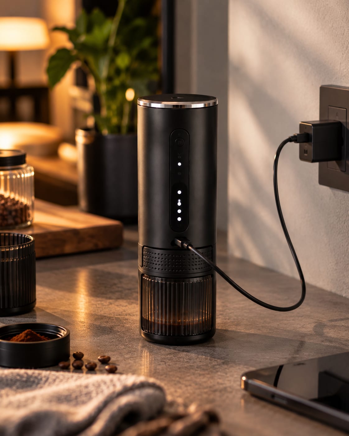 L’Allongé en charge, câble USB-C branché à une prise