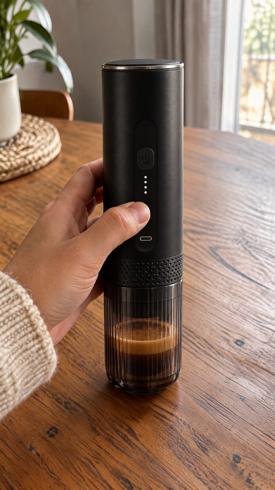 Un pouce appuie sur le bouton de L'Allongé, l'espresso dans le gobelet