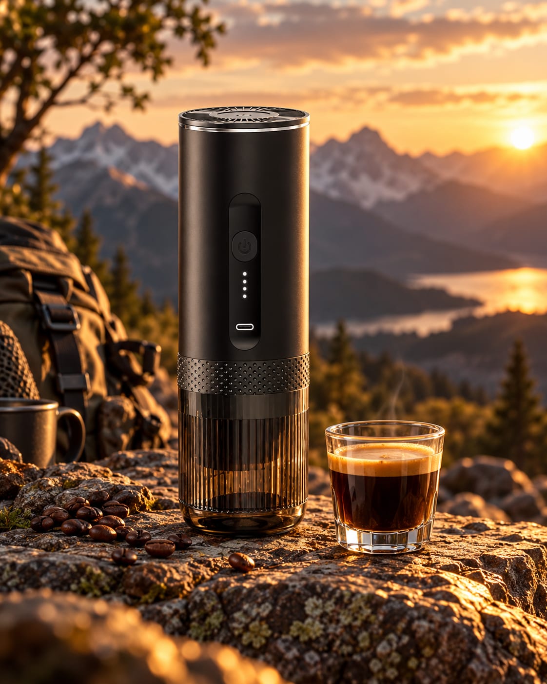 L'Allongé posée sur un rocher face aux montagnes au coucher du soleil, un espresso servi à côté