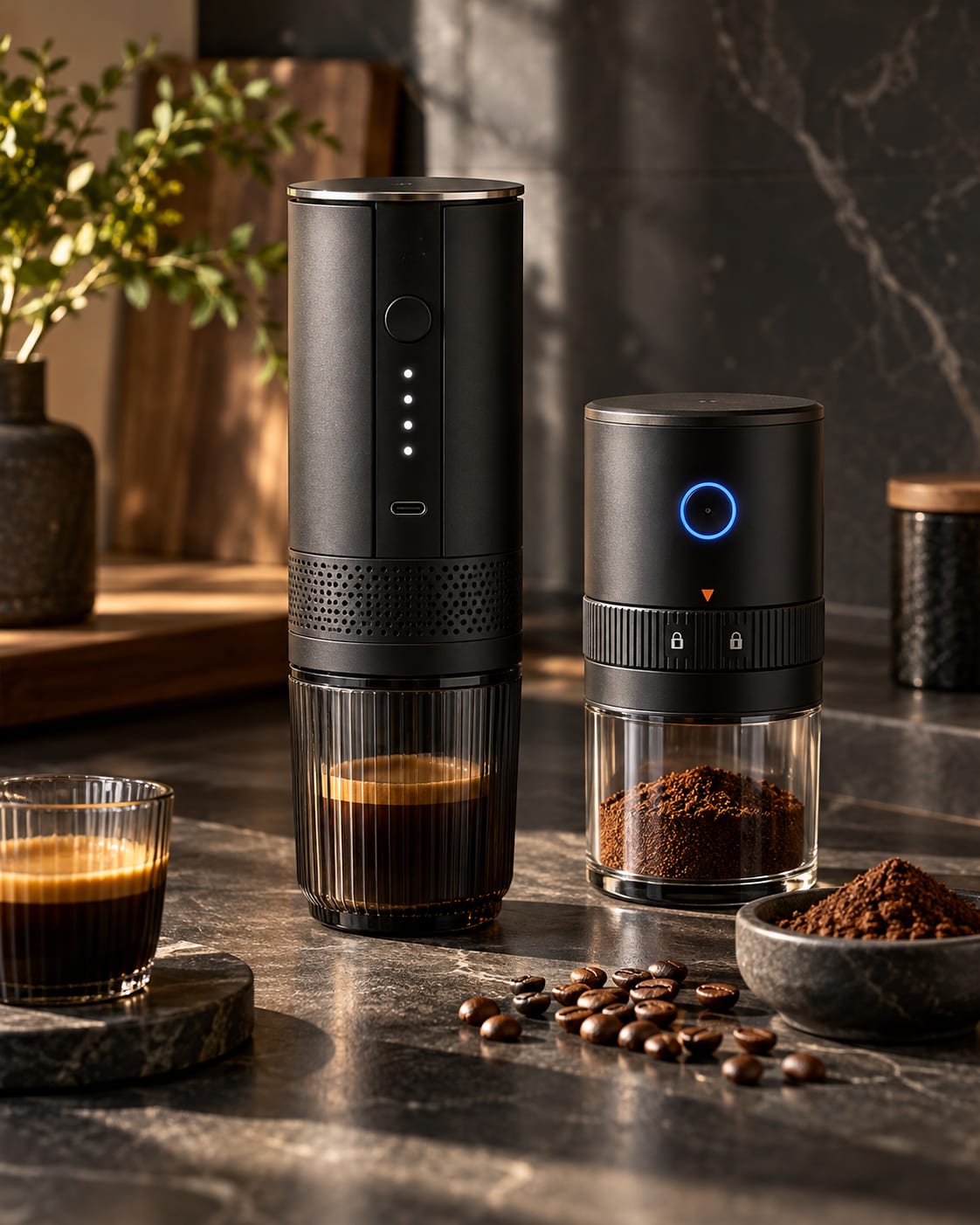 L'Allongé et Le Grain sur un plan en marbre, un espresso servi à côté