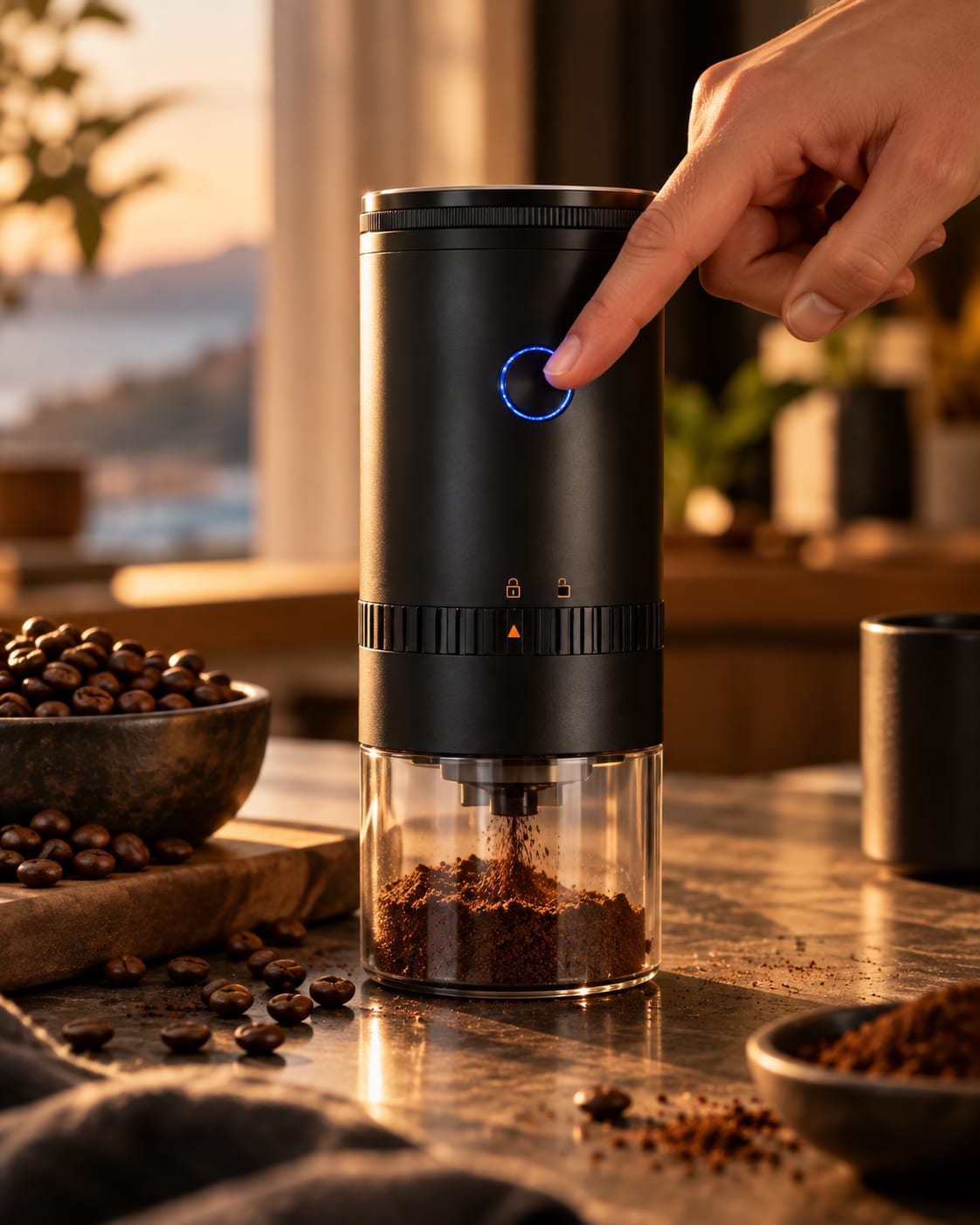 Un doigt appuie sur le bouton bleu du Grain, du café fraîchement moulu dans le réservoir