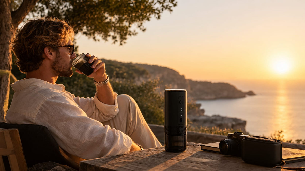 Sur une terrasse au coucher du soleil, un homme boit son espresso dans le gobelet de L'Allongé