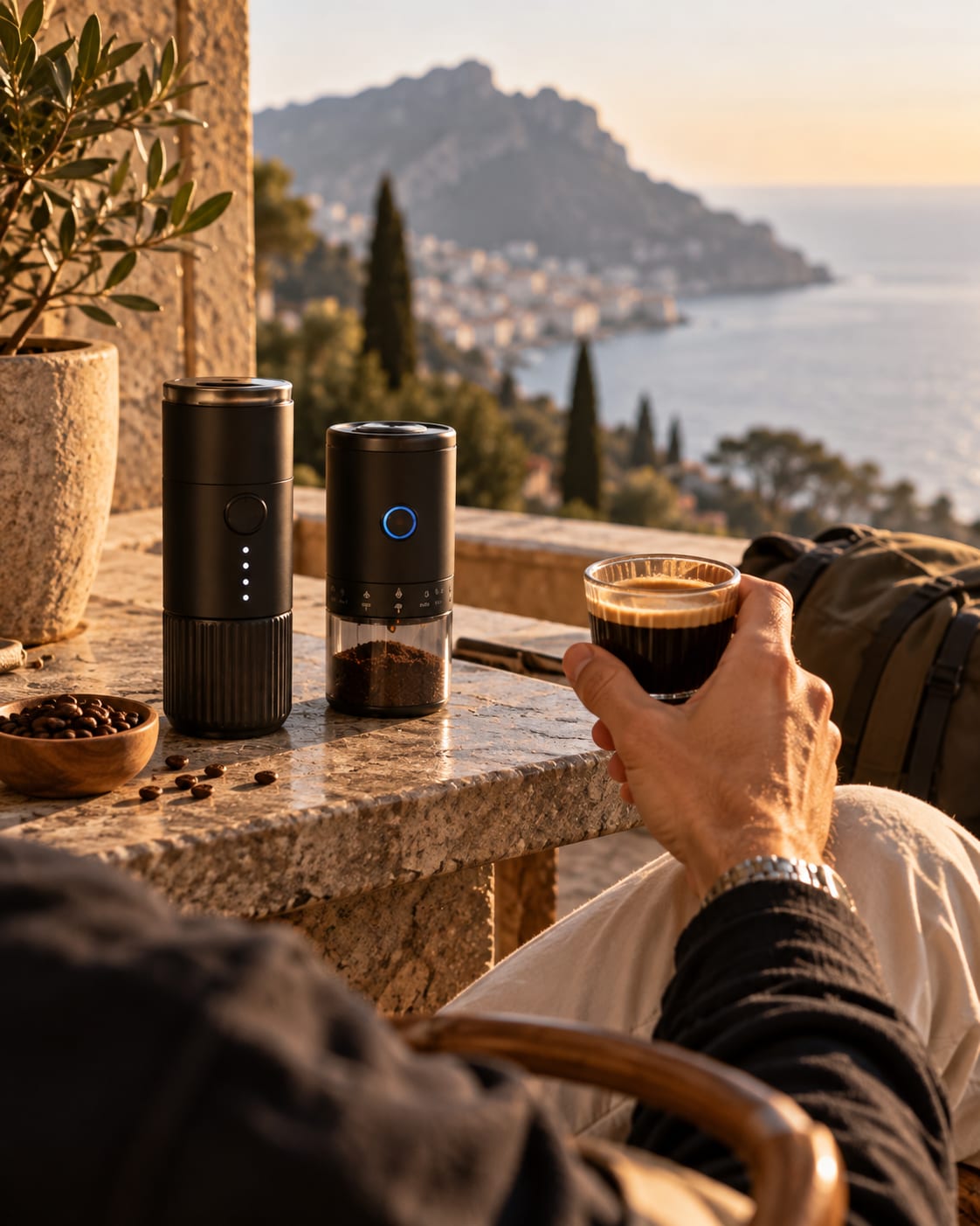 Sur une terrasse face à la mer, une main tient un espresso, L'Allongé et Le Grain posés à côté
