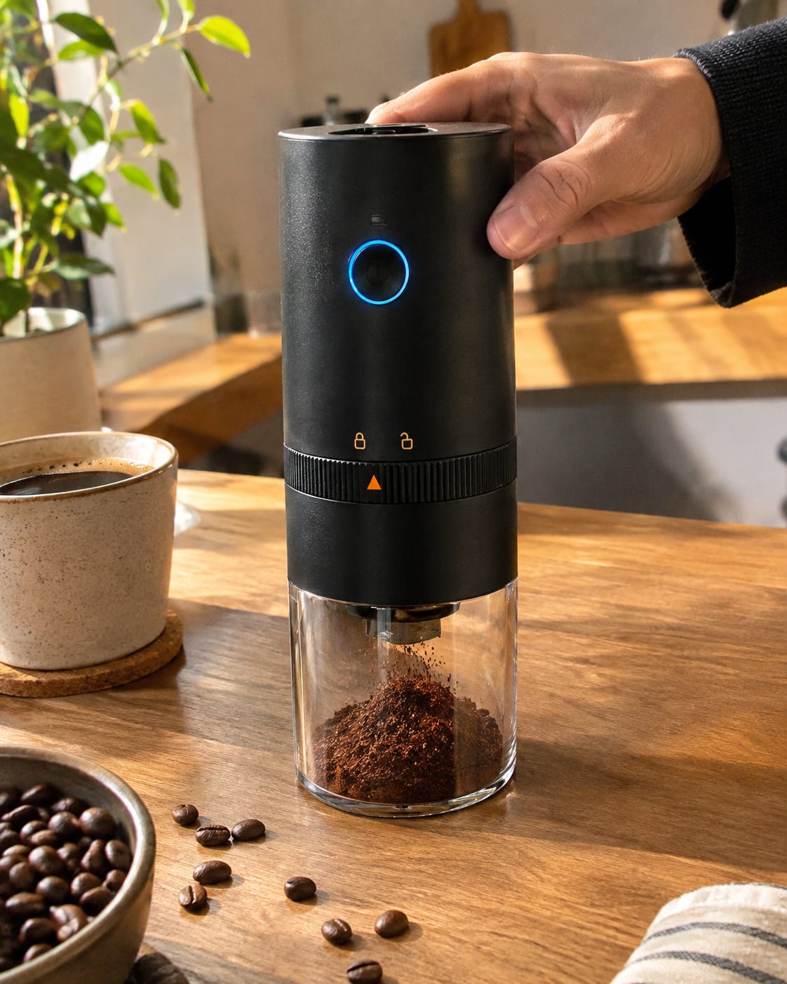 Une main actionne Le Grain, moulin à grain électrique portable, café fraîchement moulu visible dans le réservoir